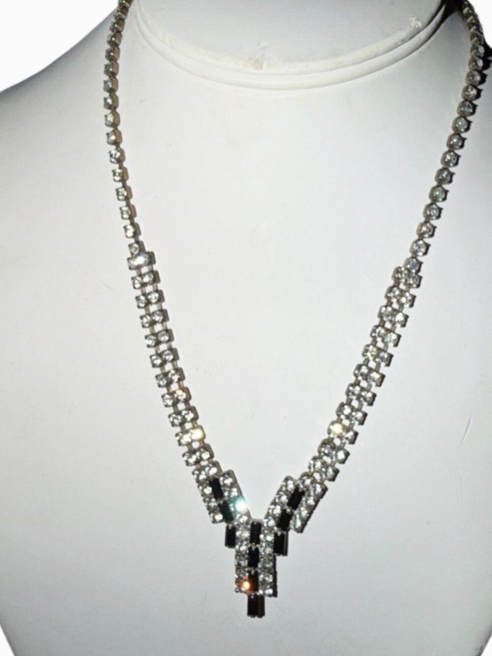 Black Glass Clear Rhinestone Necklace